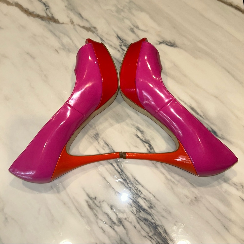 Marc Fisher EUC Platform Heels Size 8 Pink Orange Red Peep Toe - Picture 6 of 6